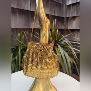 Vintage evening bag gold mesh rhinestones clasp lined 5” by Duramesh